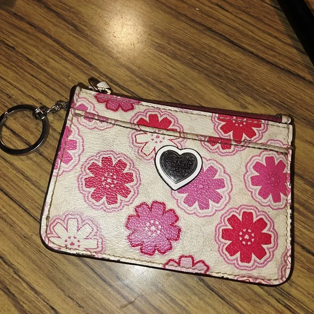 COACH Lot Sage Green/Red Pink Logo Debit Card & Burgundy Zip Top Coin Case Pouch